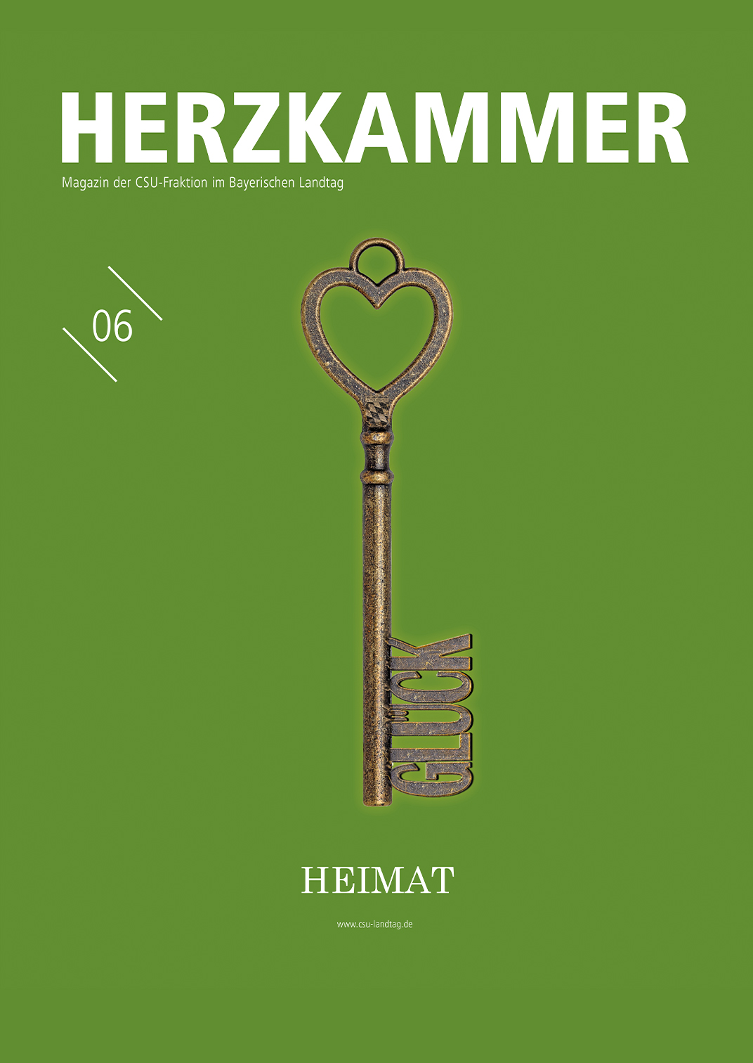 Cover der 8. Ausgabe der Herzkammer zum Thema Heimat. Schlüssel dessen Bart das Wort "Glück" ergibt und ein Schlüsselring in Form eines Herzens.