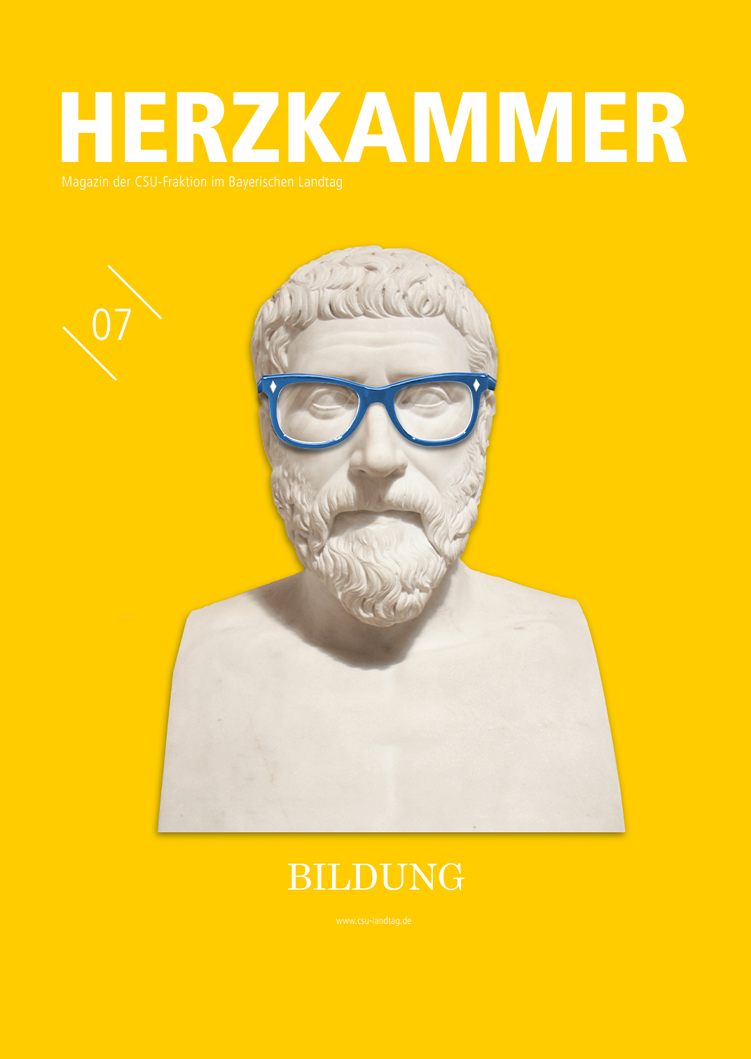 Cover der 7. Ausgabe der Herzkammer zum Thema Bildung. Büste von Pythagoras mit einer blauen Nerdbrille.