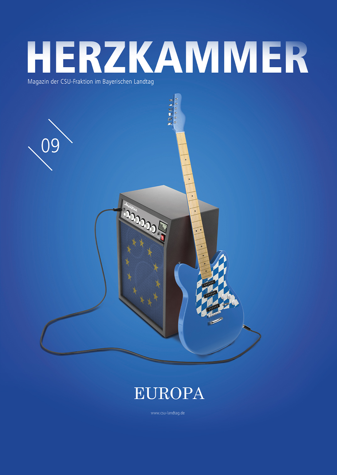 Cover der 9. Ausgabe der Herzkammer zum Thema Europa. Eine E-Gitarre mit Rautenmuster lehnt an einem Verstärker mit Europa-Fahne 