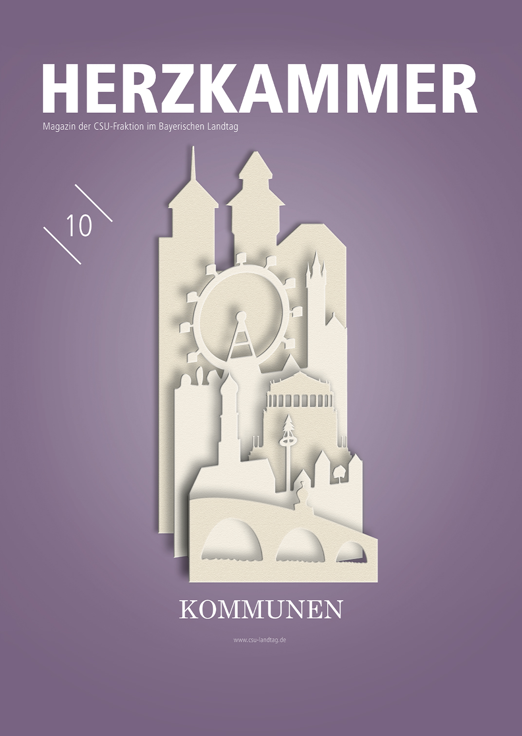 Cover der 10. Ausgabe der Herzkammer zum Thema Kommunen. Klappkarte mit den Umrissen von Groß- und Kleinstadt