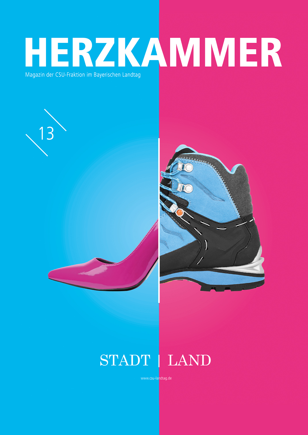 Magazincover mit einer Collage aus Pumps und Trekkingschuh